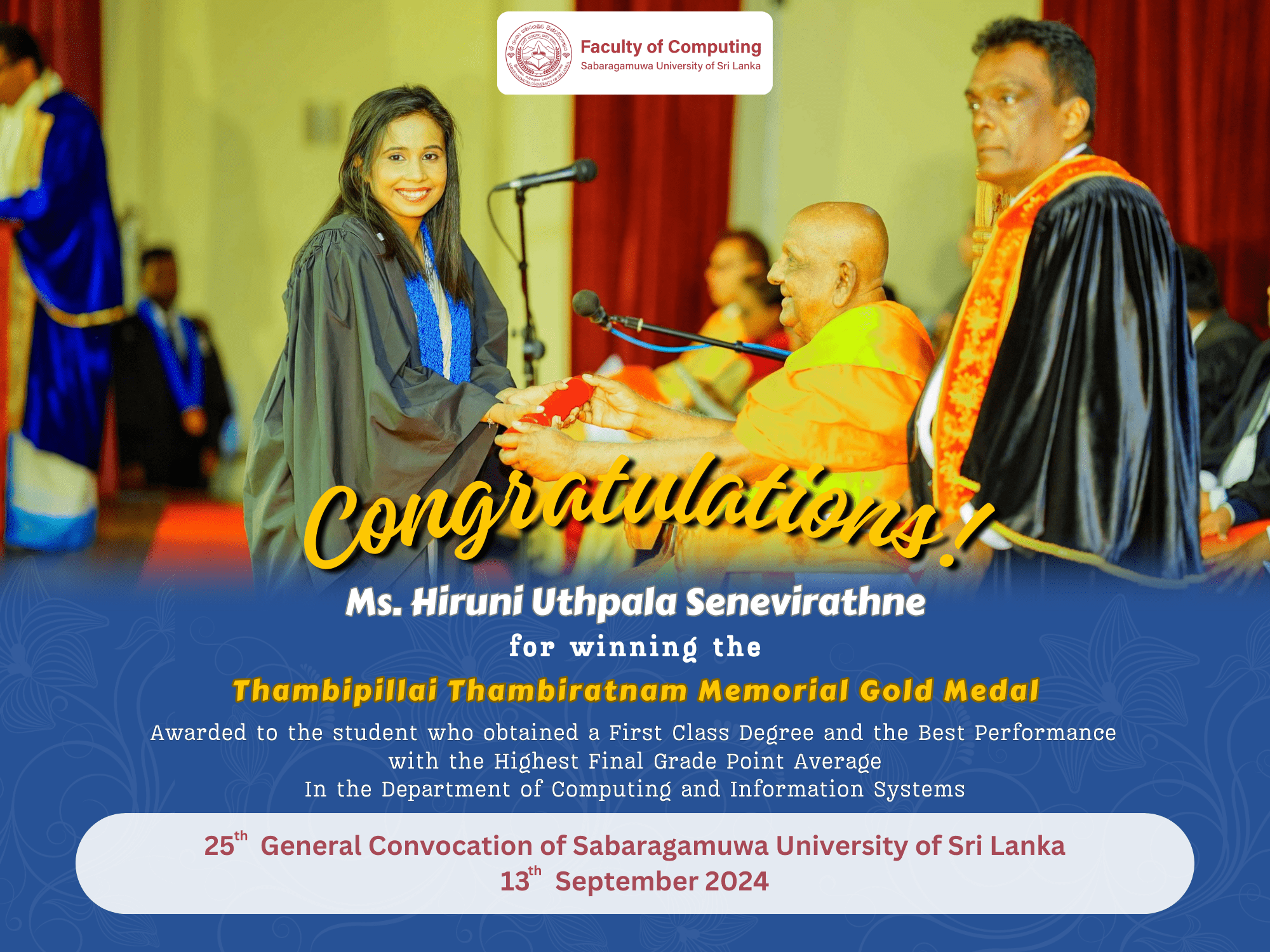 Congrats to Ms. Hiruni Senevirathna: Gold Medalist for Best Academic Performance!