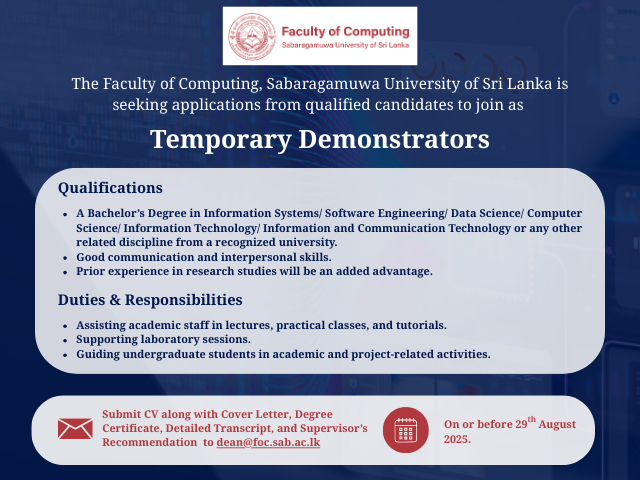 Applications Invited for Temporary Demonstrator Positions