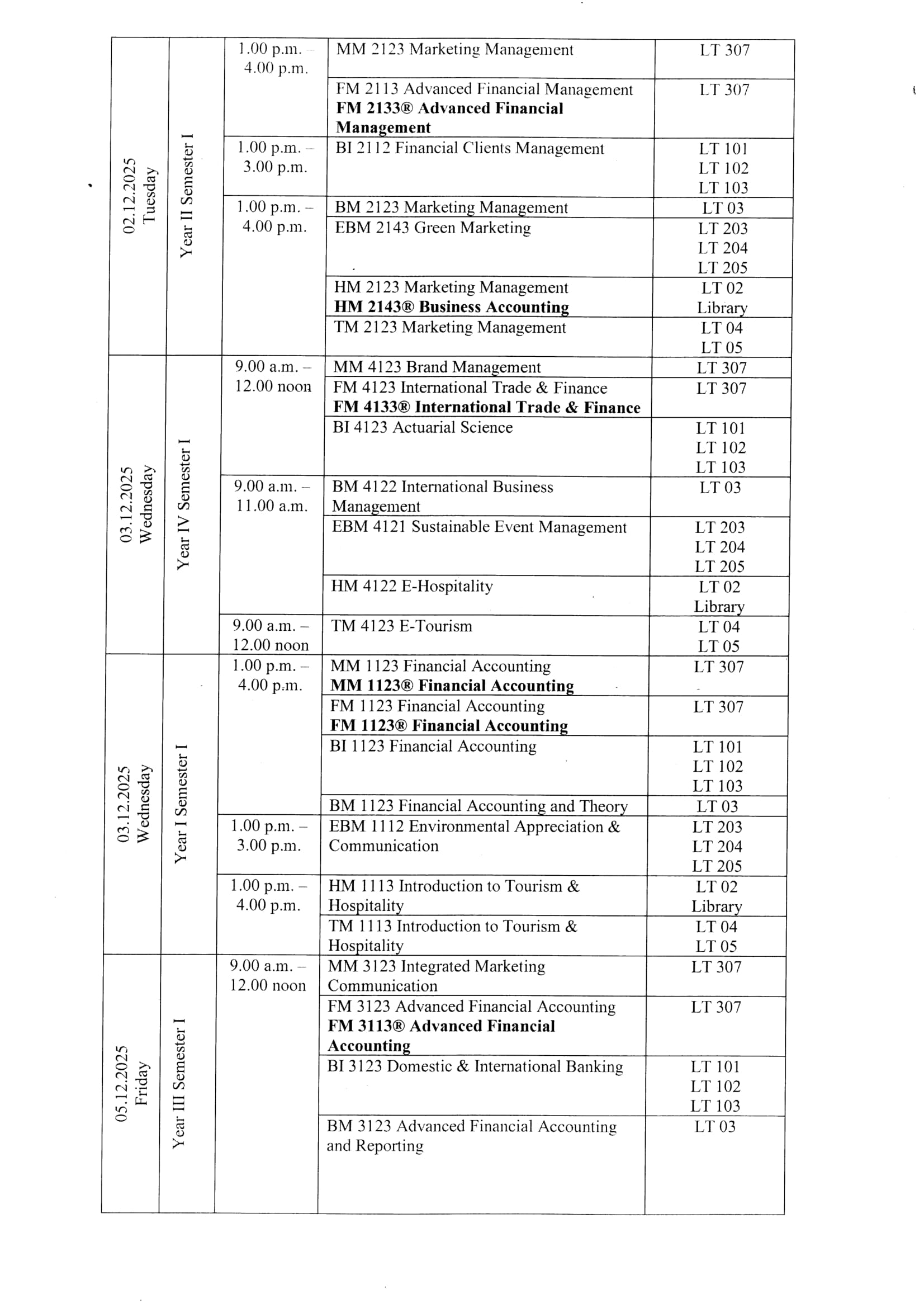 Examination Timetable December 2025/January 2026