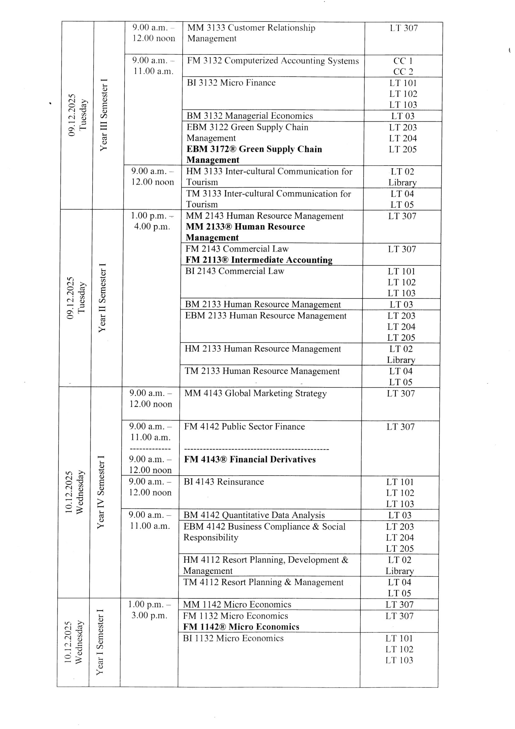 Examination Timetable December 2025/January 2026