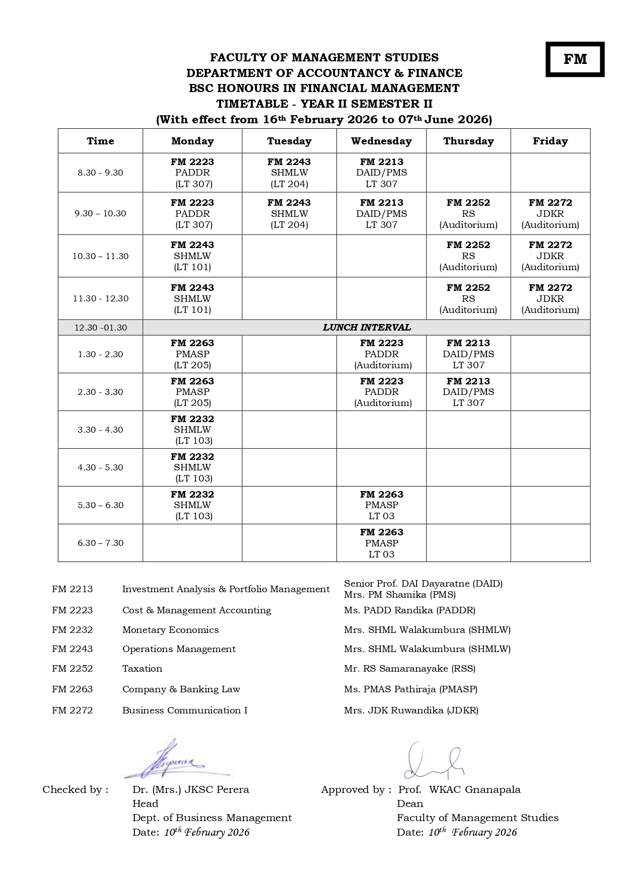 Semester Timetables