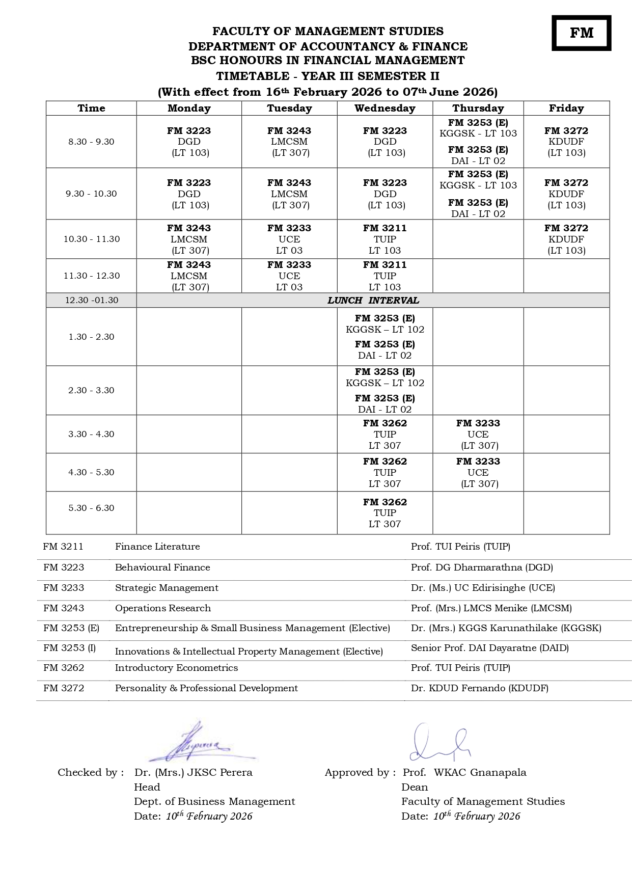 Semester Timetables