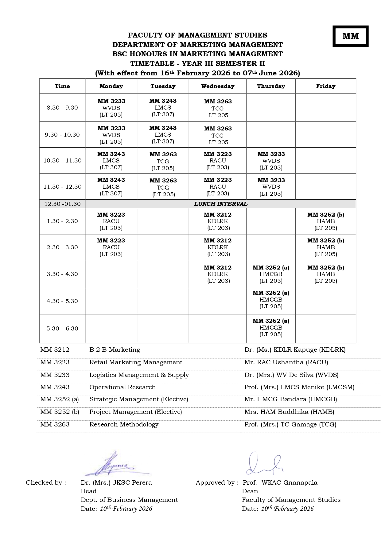 Semester Timetables