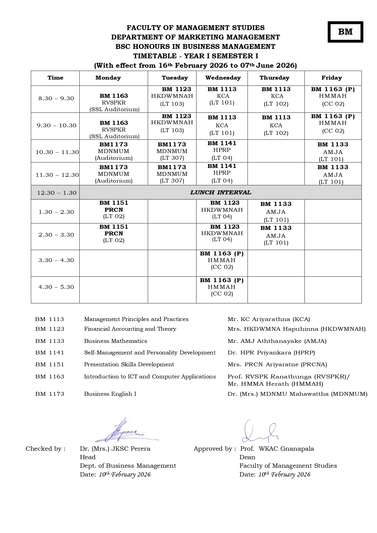 Semester Timetables