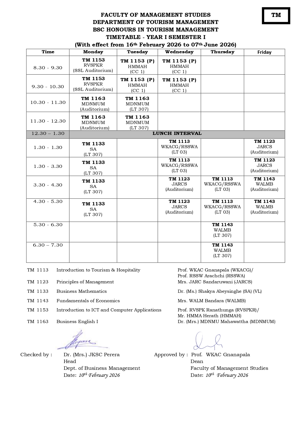 Semester Timetables