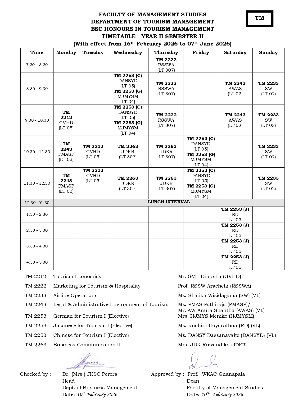 Semester Timetables