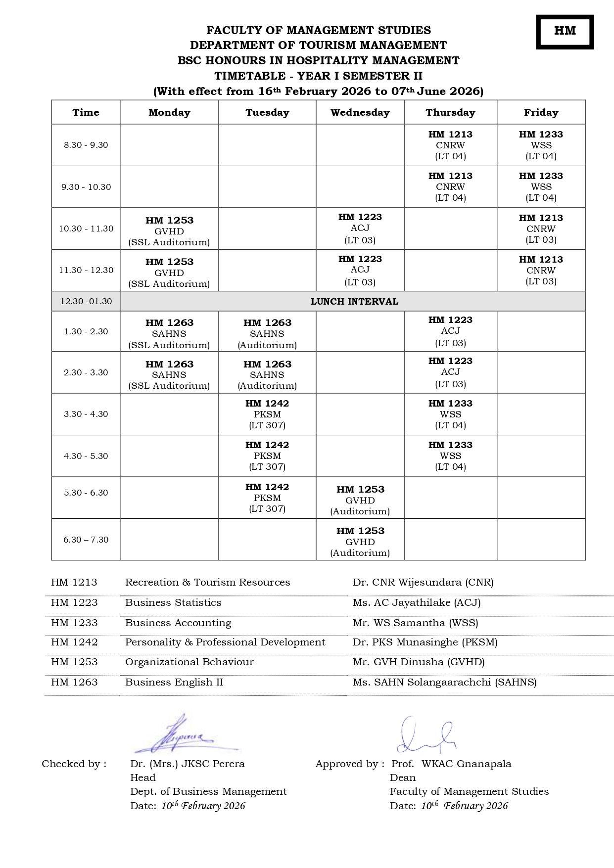 Semester Timetables