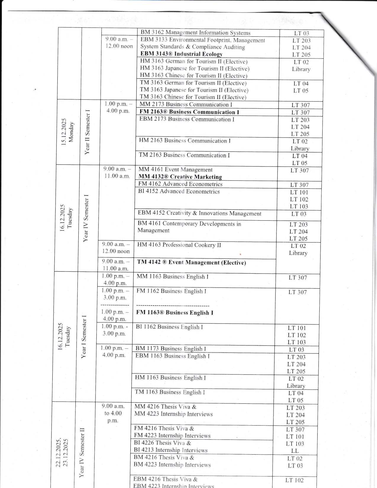 Examination Timetable December 2025/January 2026