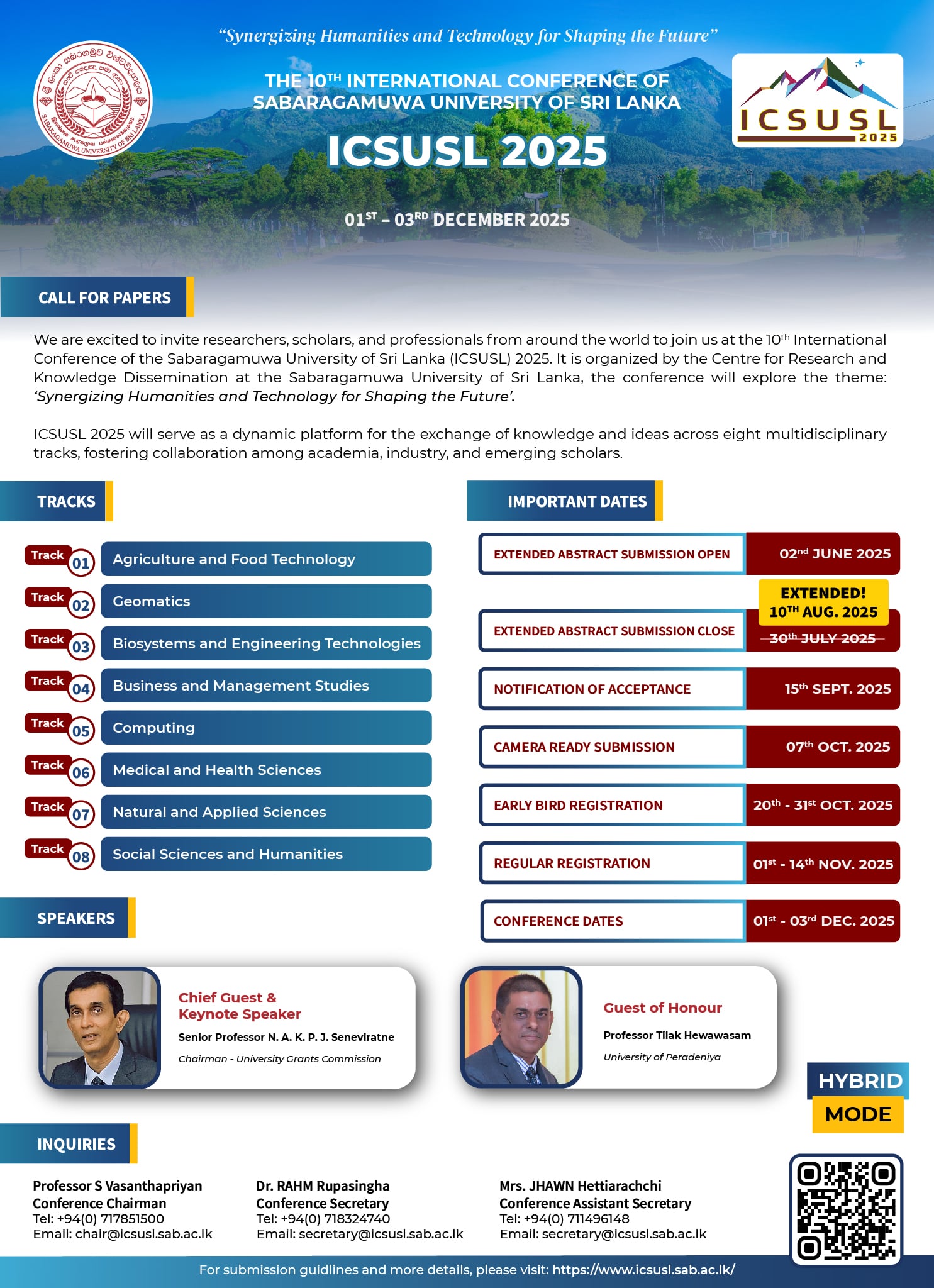 Submission Deadline Extended - The 10th International Conference of Sabaragamuwa University of Sri Lanka (ICSUSL) 2025