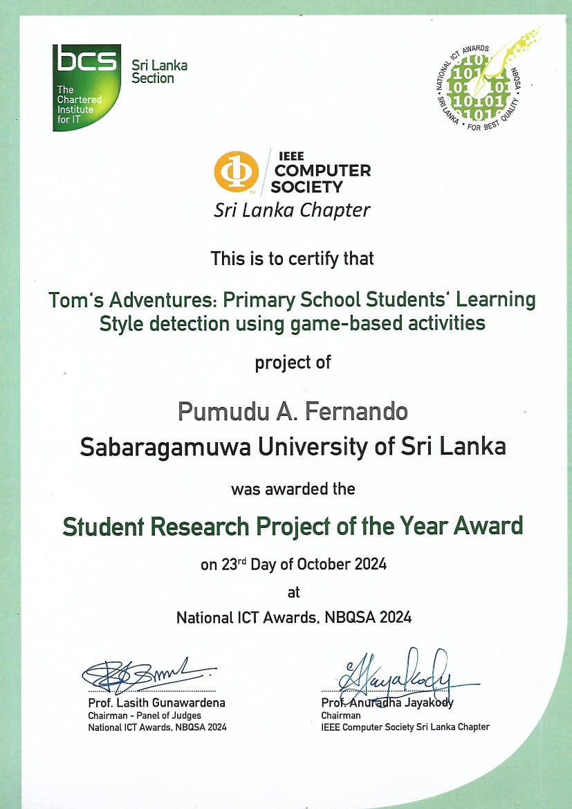 Sabaragamuwa University of Sri Lanka Wins the Best Research Student of the Year at National ICT Awards NBQSA 2024