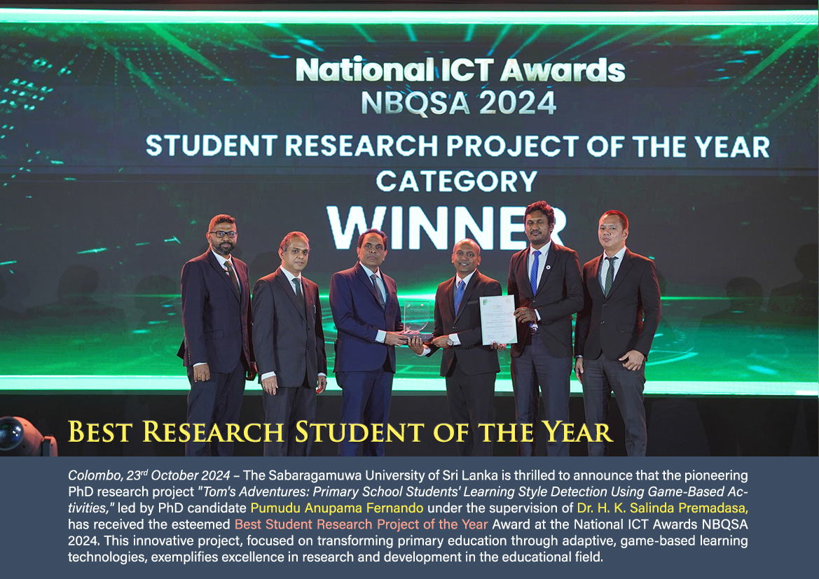 Sabaragamuwa University of Sri Lanka Wins the Best Research Student of the Year at National ICT Awards NBQSA 2024