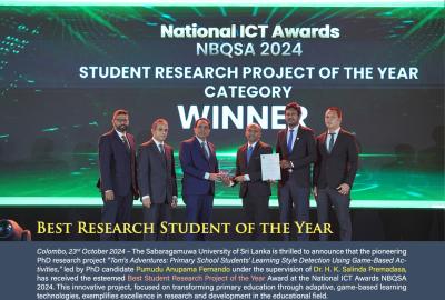 Sabaragamuwa University of Sri Lanka Wins the Best Research Student of the Year at National ICT Awards NBQSA 2024